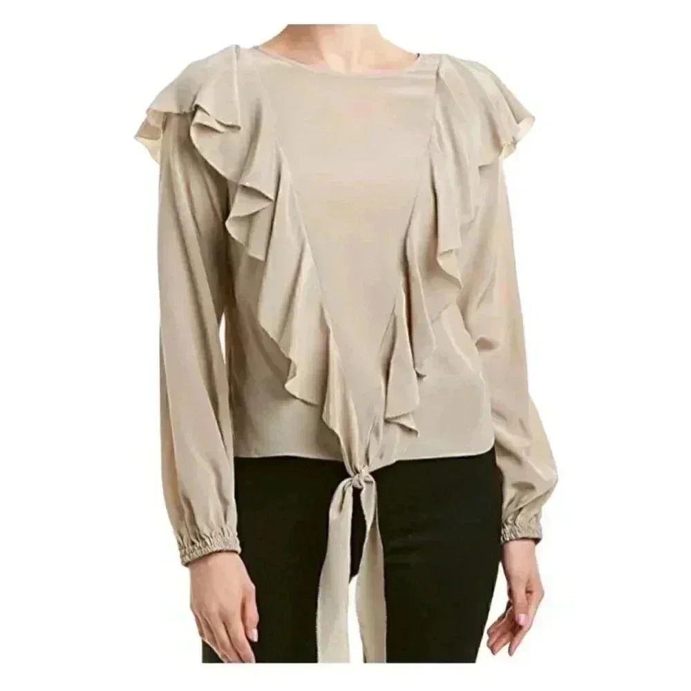 Nicole Miller Women's Solid Silk Long Sleeve Ruffl